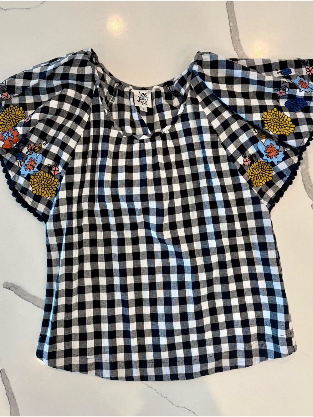 ivy jane Black & White Gingham Top with Floral Embroidered Sleeves